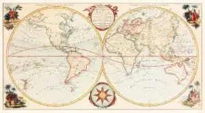 Ancienne représentation du monde dans des tons clairs (deux globes face à face)