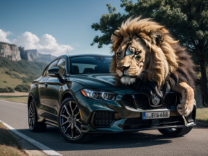 Un gigantesque lion affalé sur l'avat d'une voiture de luxe.