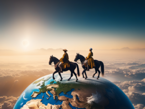 Deux cavaliers (homme et femme) chevauchant sur le globe terrestre