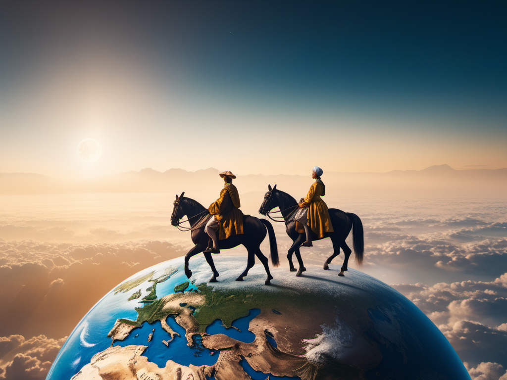 Deux cavaliers (homme et femme) chevauchant sur le globe terrestre