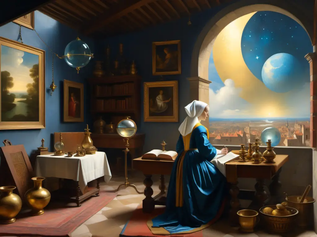 Une femme étudie l'astronomie, comme peinte par Vermeer.