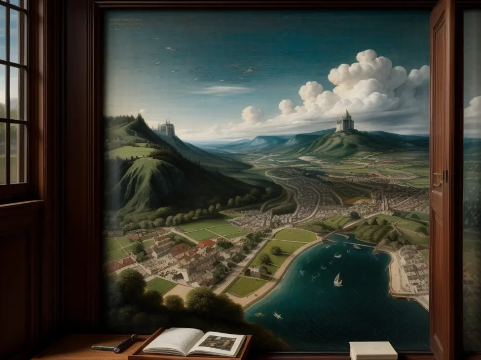 Vue sur une ville sise dans une vallée, peinte façon Vermeer