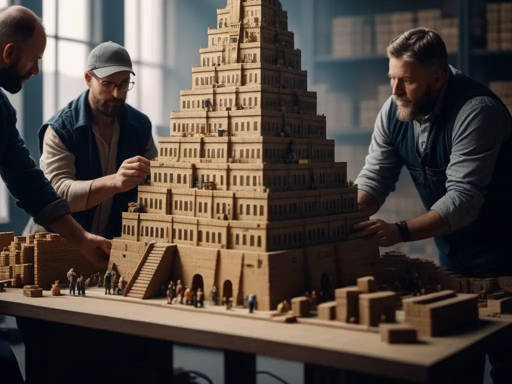 Trois hommes construisent la maquette d'une tour à niveaux.