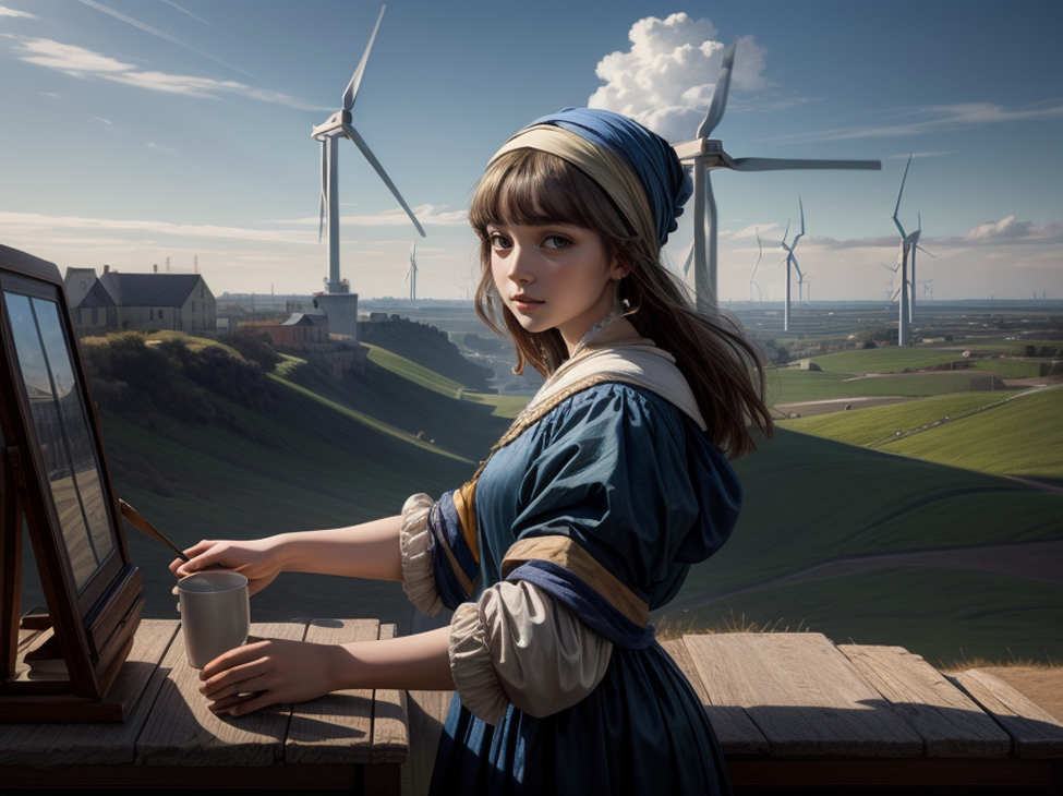Jeune fille, comme peinte par Vermeer, devant un écran d'ordinateur. En arrière plan des éoliennes.
