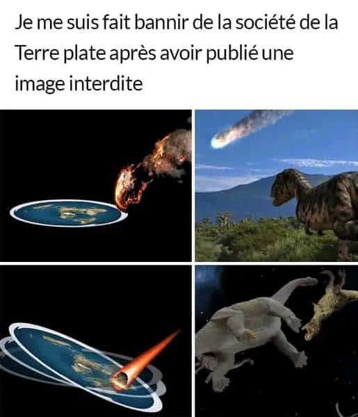 Image représentant une terre plate qui fait la toupie suite à la chute d'un météorite.