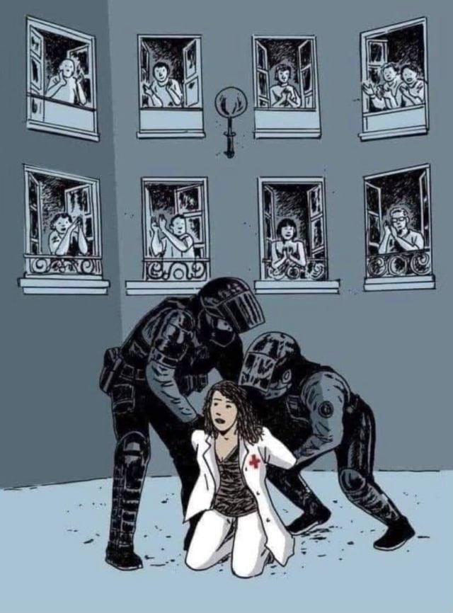 Dessin montrant 2 CRS arrêtant une infirmière sous les applaudissements des voisins.