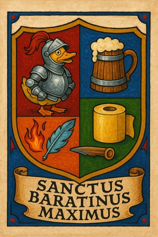 Un écu divisé en quatre : Un canard en armure, Une chope renversée, Une plume flamboyante, Et un rouleau de papier toilette en or. Devise : "Sanctus Baratinus Maximus"